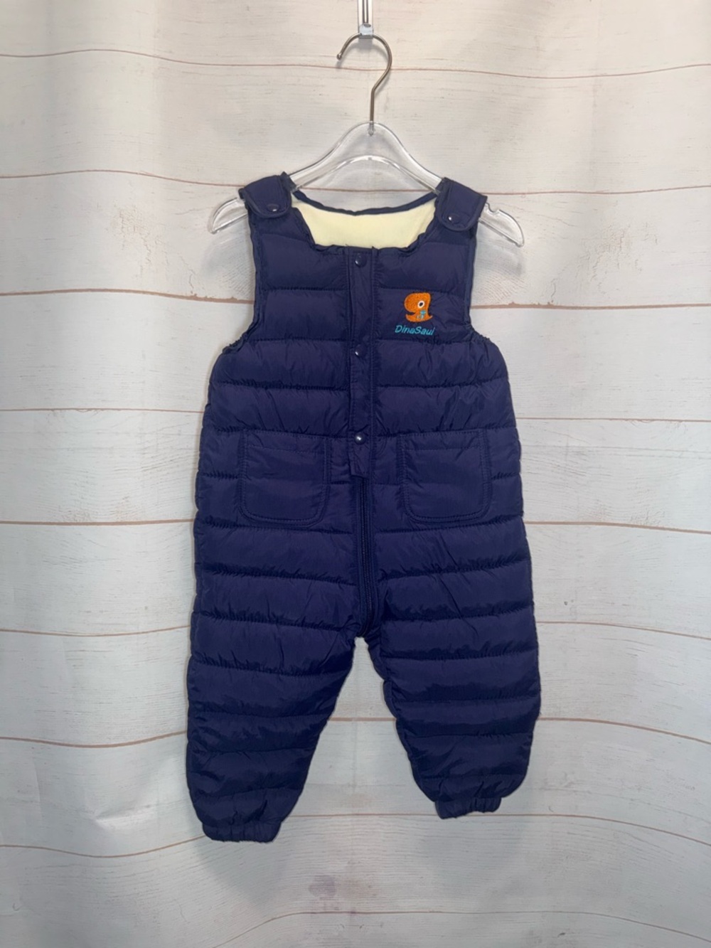 Navy Quilted Kids Puffer Overalls with Orange Dino Patch